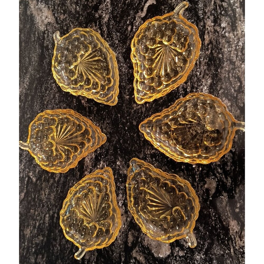 Set Of 6 Amber Pressed Glass Leaf-Shaped Dishes By Anchor Hocking